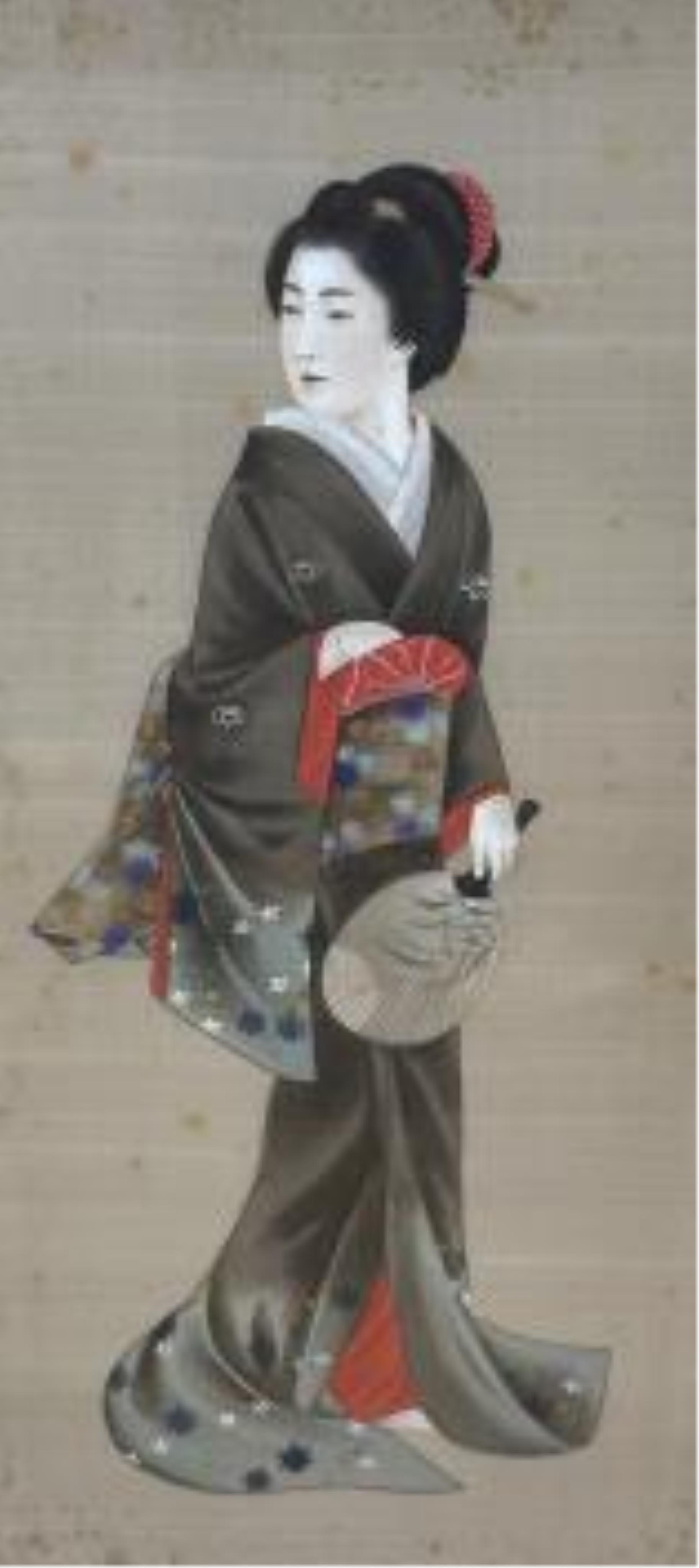 Japanese School, pair of watercolours on silk, Full length studies of figures wearing traditional dress, 71 x 32cm